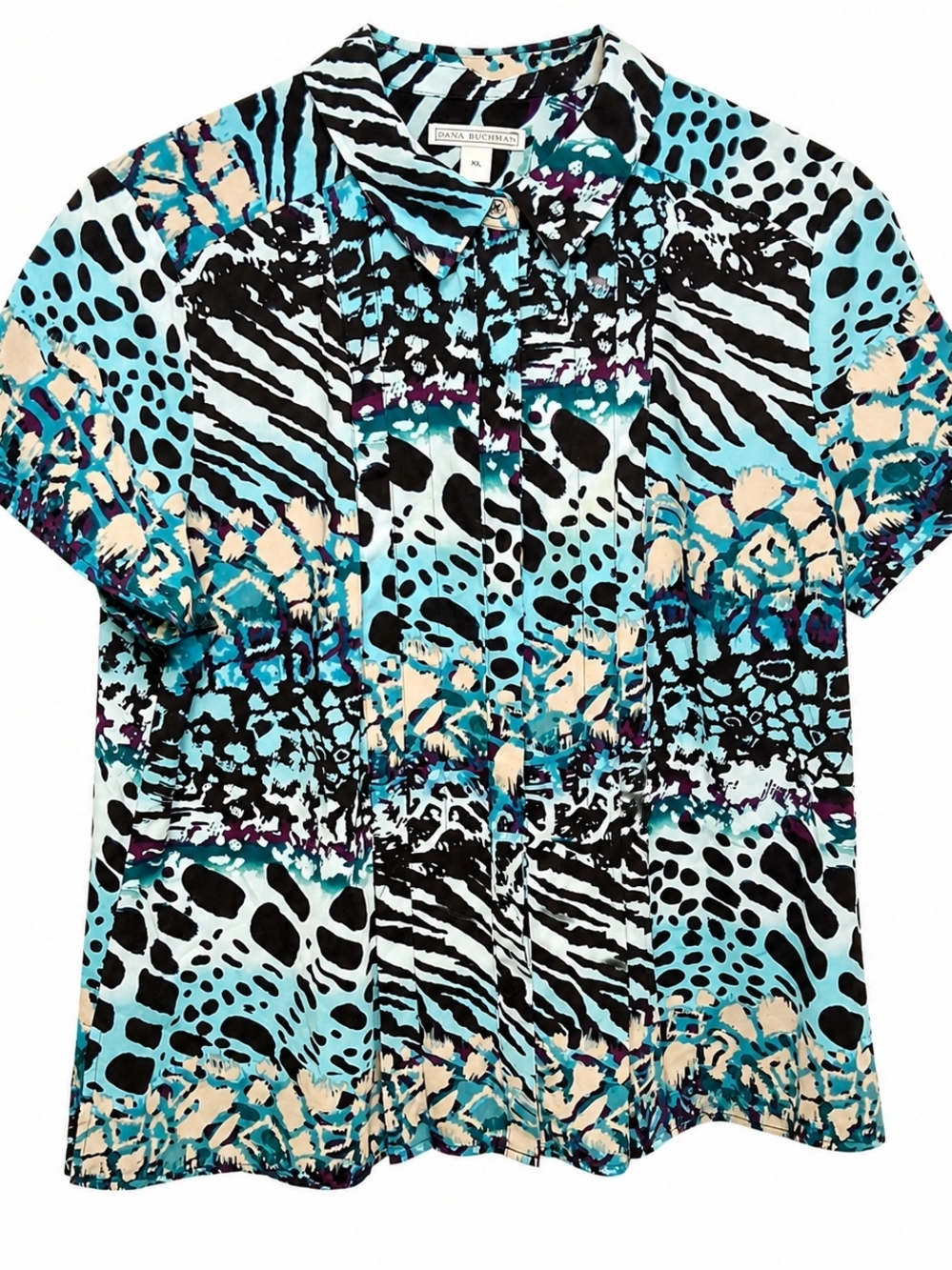 Dana Buchman Mixed Animal Print  Blouse XL Blue Teal Short Sleeves Button Down